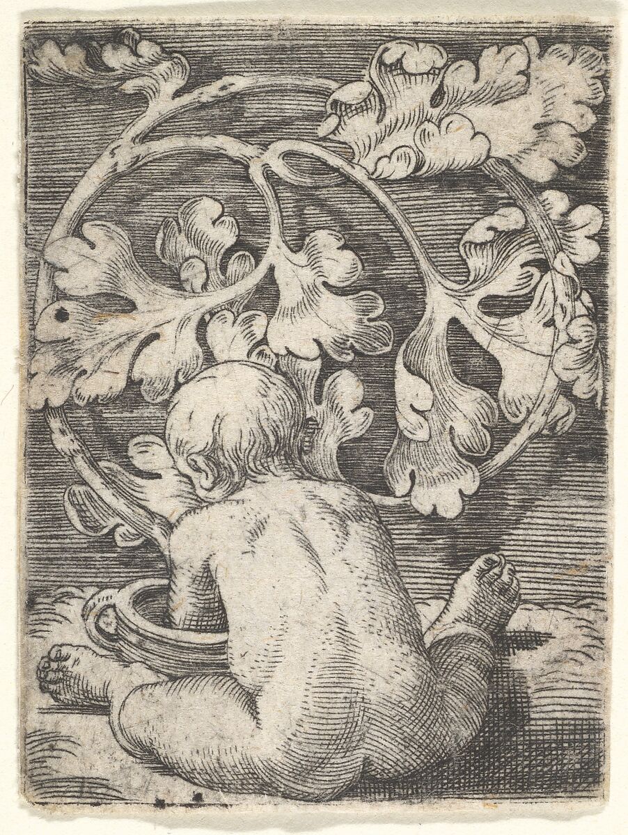 Naked Child Seen from Back Seated in Front of a Vessel, Barthel Beham (German, Nuremberg ca. 1502–1540 Italy), Engraving 