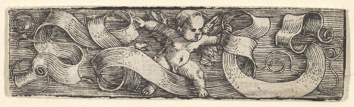 Boy Stepping to the Right over Banderoles, Barthel Beham (German, Nuremberg ca. 1502–1540 Italy), Engraving; first of two states 