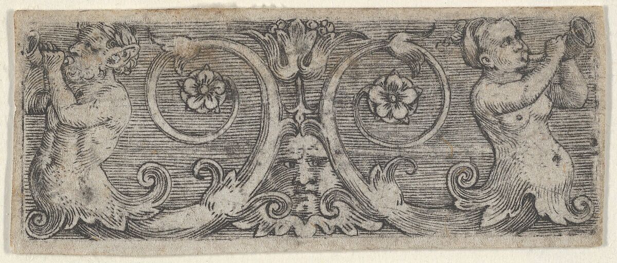 Horizontal Panel with Two Tritons with Foliate Tails Playing Horns, Barthel Beham (German, Nuremberg ca. 1502–1540 Italy), Engraving 