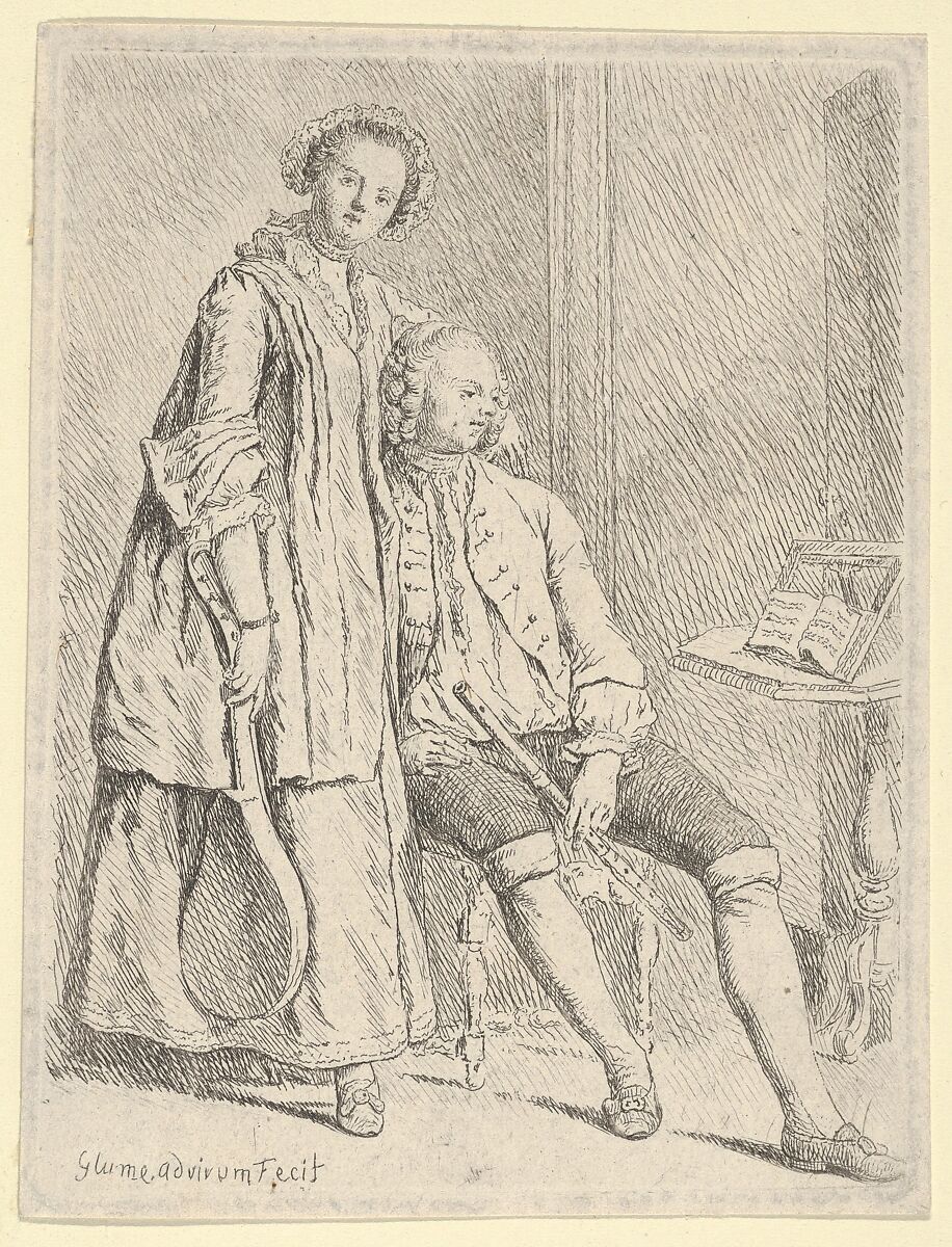 Young Couple with Flute & Cittern, Johann Gottlieb Glume (German, Berlin 1711–1778 Berlin), Etching 