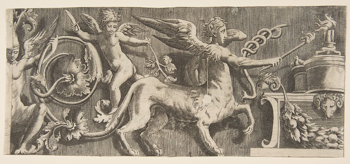 Ornament frieze with winged Centaur, Giulio Bonasone (Italian, active Rome and Bologna, 1531–after 1576), Engraving 