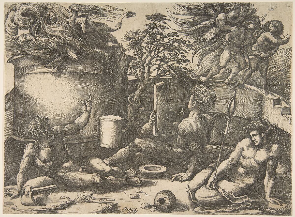 Cain holding a mirror watching his sacrifice engulfed in flames, Adam and Eve seated nearby; in the upper right an angel expelling them from Paradise, Possibly by Agostino Veneziano (Agostino dei Musi) (Italian, Venice ca. 1490–after 1536 Rome), Engraving 