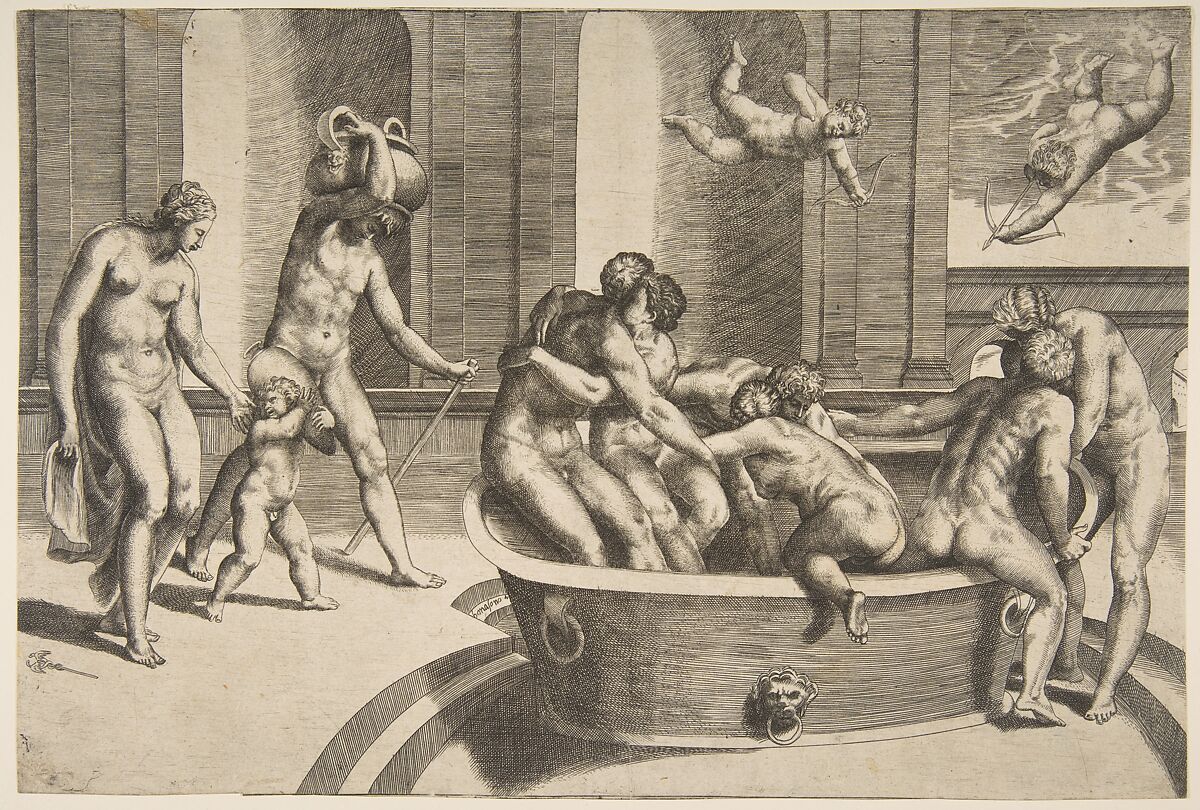 Men and women bathing, some embracing, Giulio Bonasone (Italian, active Rome and Bologna, 1531–after 1576), Engraving 