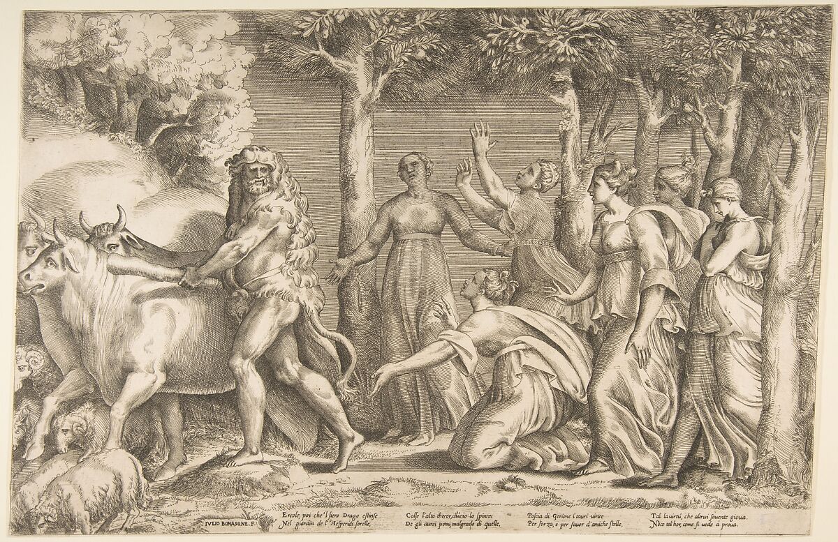 Hercules driving off the cattle of Geryon, at the right are the nymphs of Hesperides, Giulio Bonasone (Italian, active Rome and Bologna, 1531–after 1576), Engraving and etching 