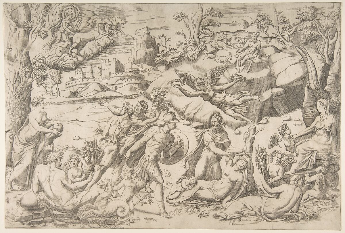 Mars and Rhea Silvia: in the centre Mars holds a shield and sword, Rhea Silvia sleeping, Apollo in his chariot upper left, Giulio Bonasone (Italian, active Rome and Bologna, 1531–after 1576), Engraving 