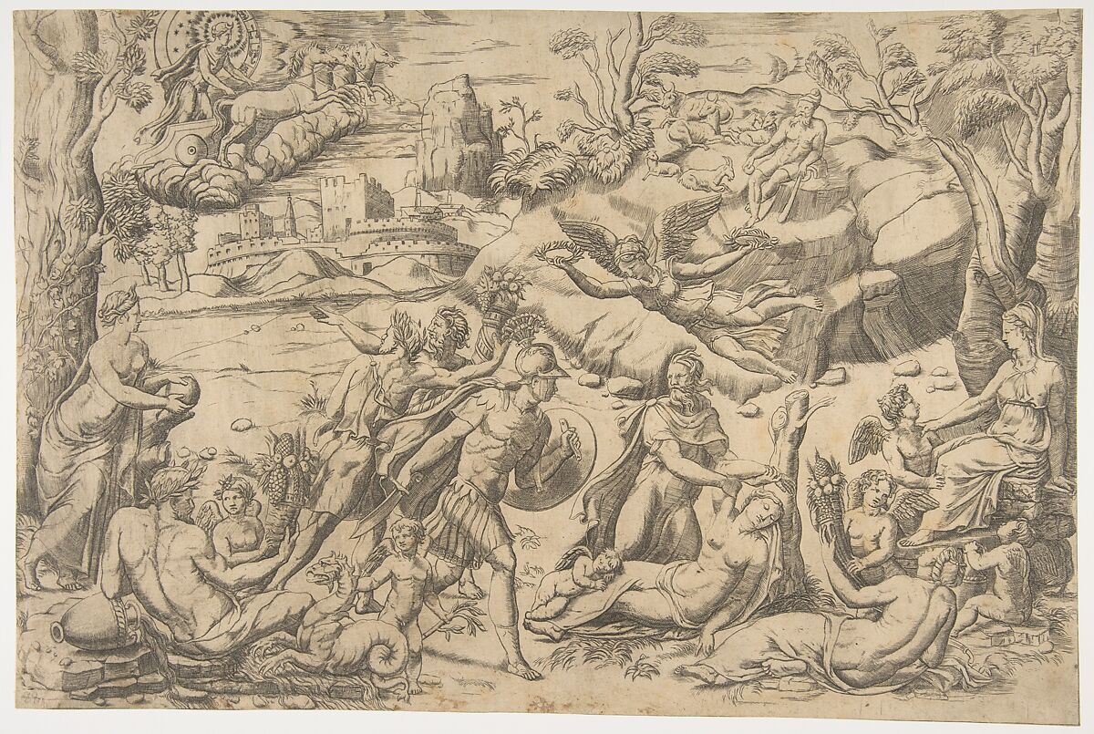 Mars and Rhea Silvia: in the centre Mars holds a shield and sword, Rhea Silvia sleeping, Apollo in his chariot upper left, Attributed to Giulio Bonasone (Italian, active Rome and Bologna, 1531–after 1576), Engraving 