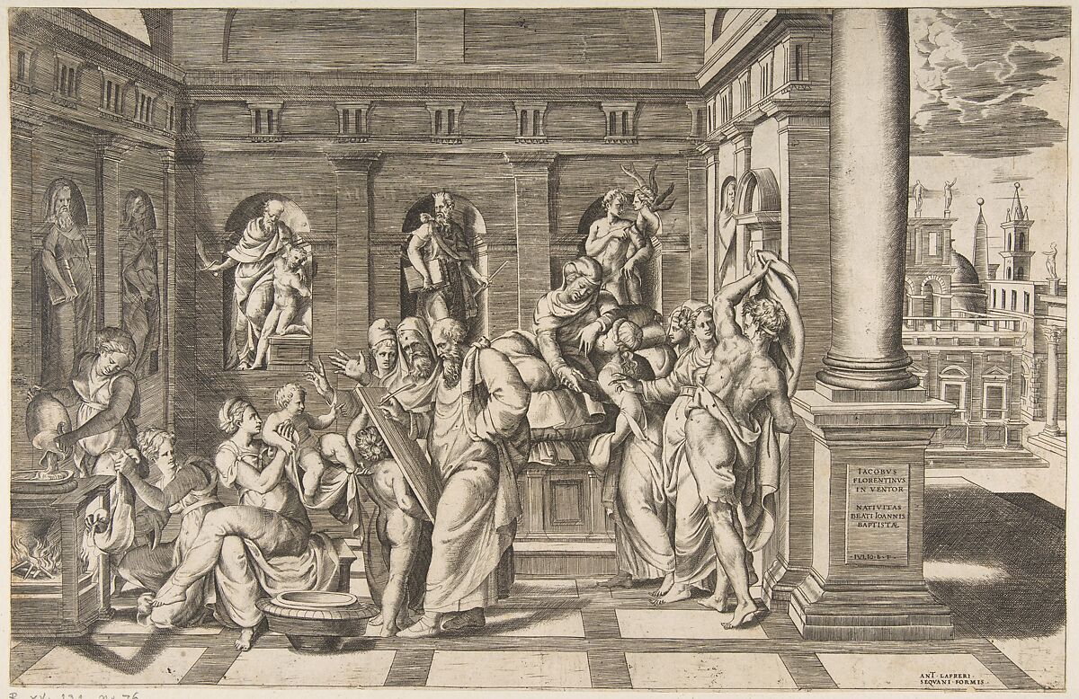 The birth of Saint John the Baptist set within a classical building, Giulio Bonasone (Italian, active Rome and Bologna, 1531–after 1576), Engraving 