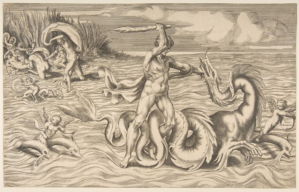 Hercules fight adragon in the centre, Achelous carrying off Deianeira upper left, Giulio Bonasone (Italian, active Rome and Bologna, 1531–after 1576), Engraving 