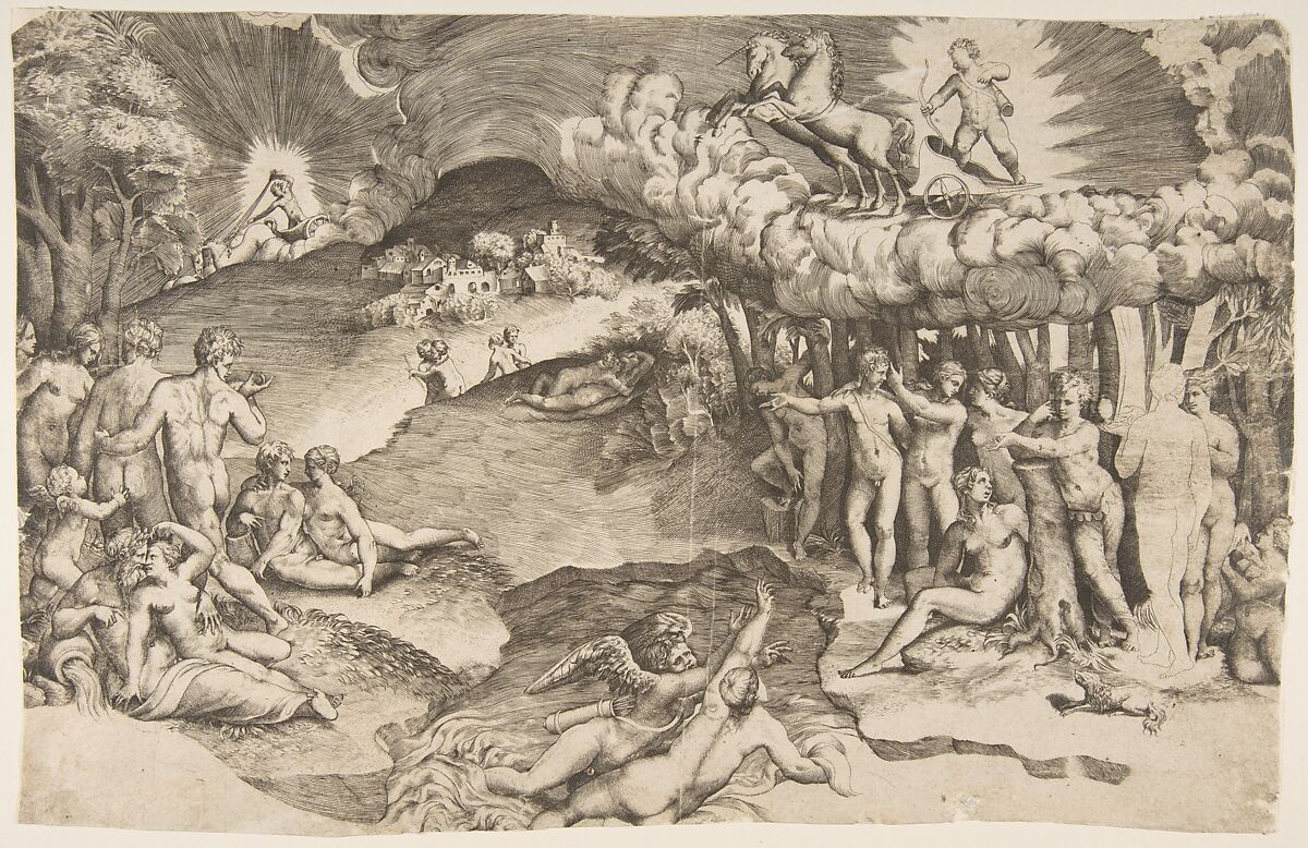 The triumph of love, cupid riding a chariot drawn by unicorn is in the upper right, naked figures fill the composition; a proof impression, Giulio Bonasone (Italian, active Rome and Bologna, 1531–after 1576), Engraving 