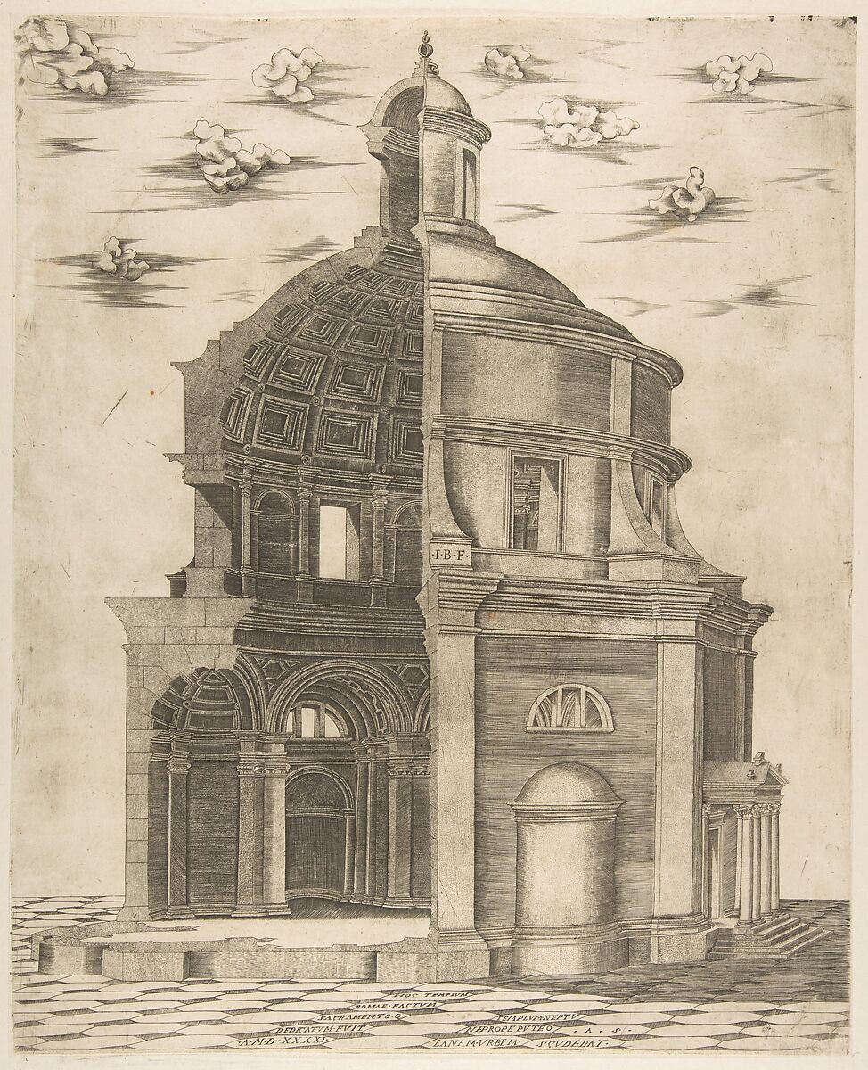 Exterior and interior section of a temple in Rome dedicated to Neptune, Giulio Bonasone (Italian, active Rome and Bologna, 1531–after 1576), Engraving 