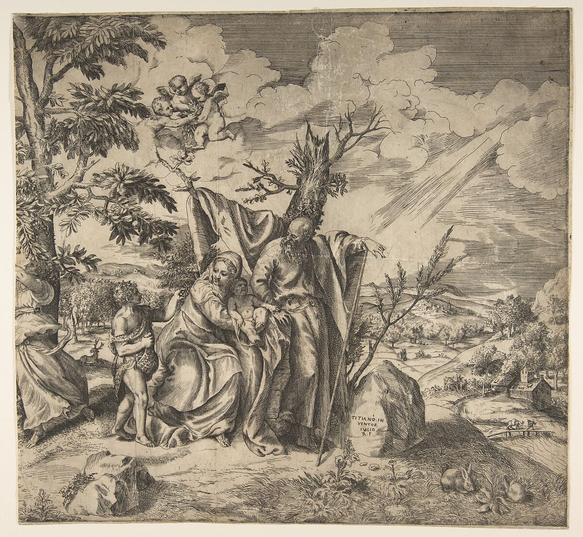 The rest of the Holy Family on their flight to Egypt, Giulio Bonasone (Italian, active Rome and Bologna, 1531–after 1576), Engraving and etching 