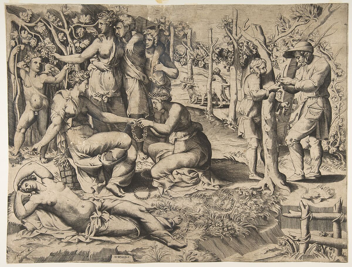 Flora in the centre passing a wreath to another woman, surrounded by other figures, Giulio Bonasone (Italian, active Rome and Bologna, 1531–after 1576), Engraving 