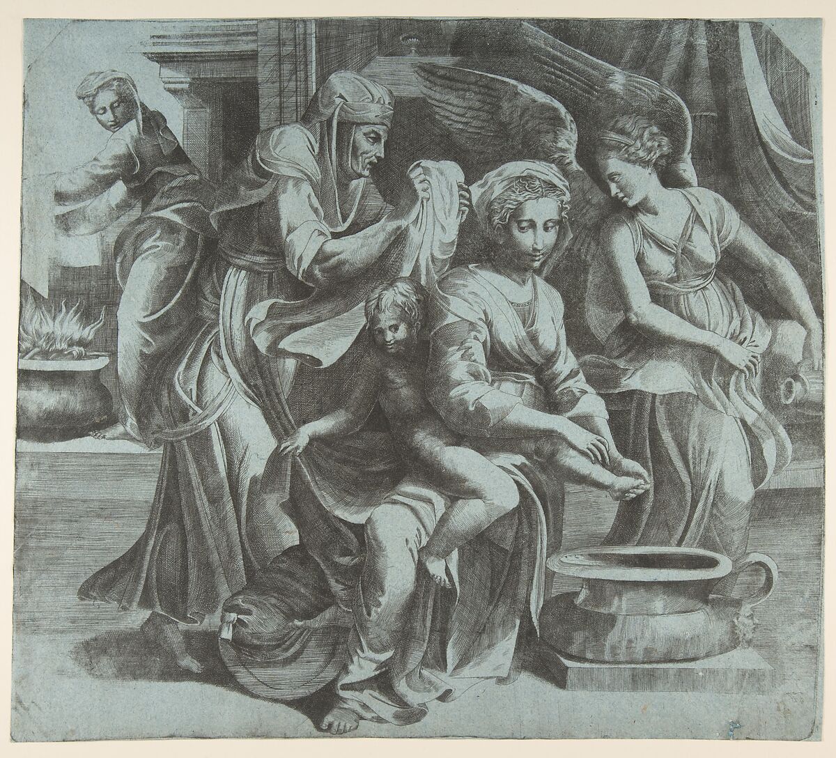 The Virgin washing the Christ Child accompanied by figures and an angel at right, Giulio Bonasone (Italian, active Rome and Bologna, 1531–after 1576), Engraving on blue paper 
