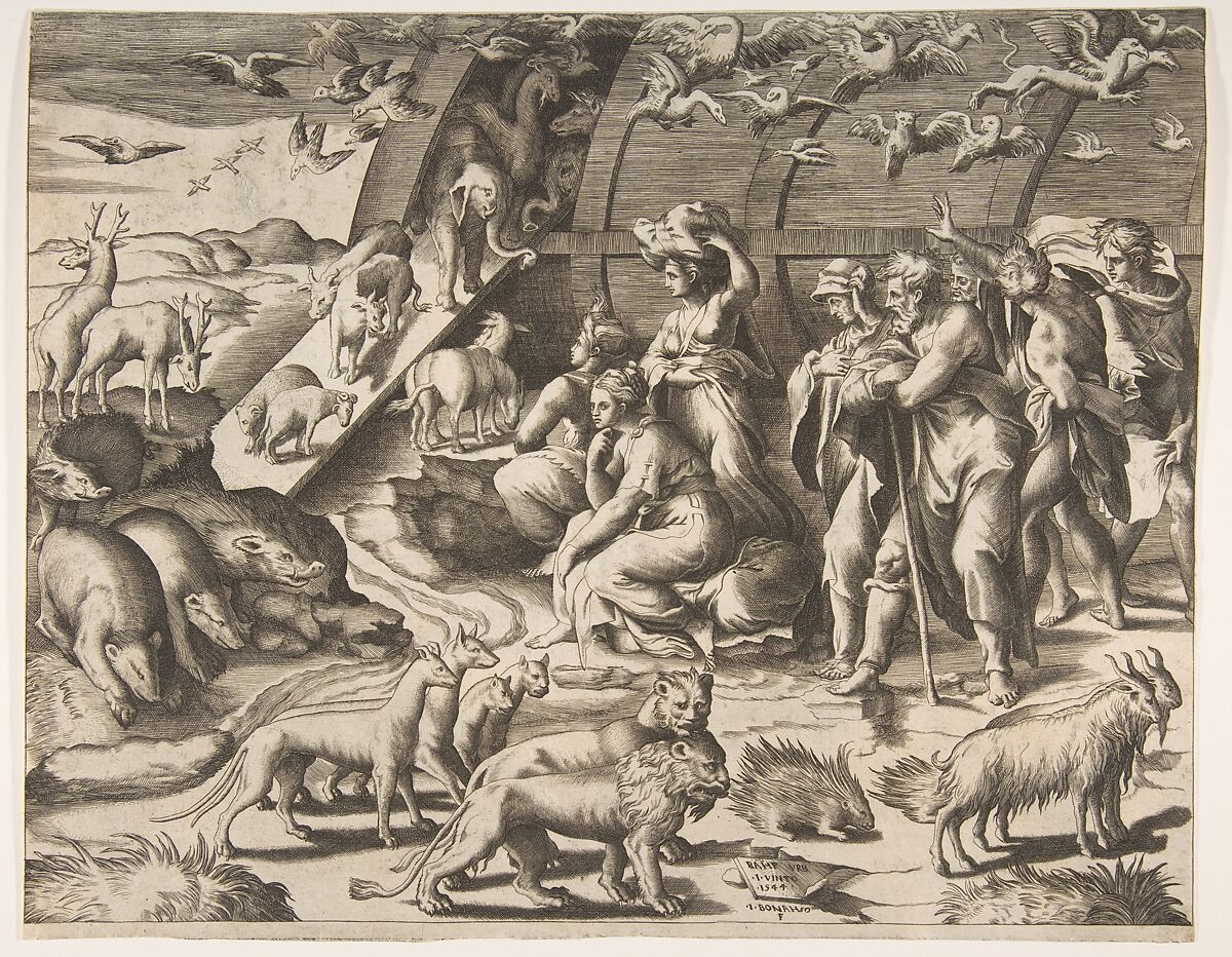 Noah leaving the Ark, Giulio Bonasone (Italian, active Rome and Bologna, 1531–after 1576), Engraving 