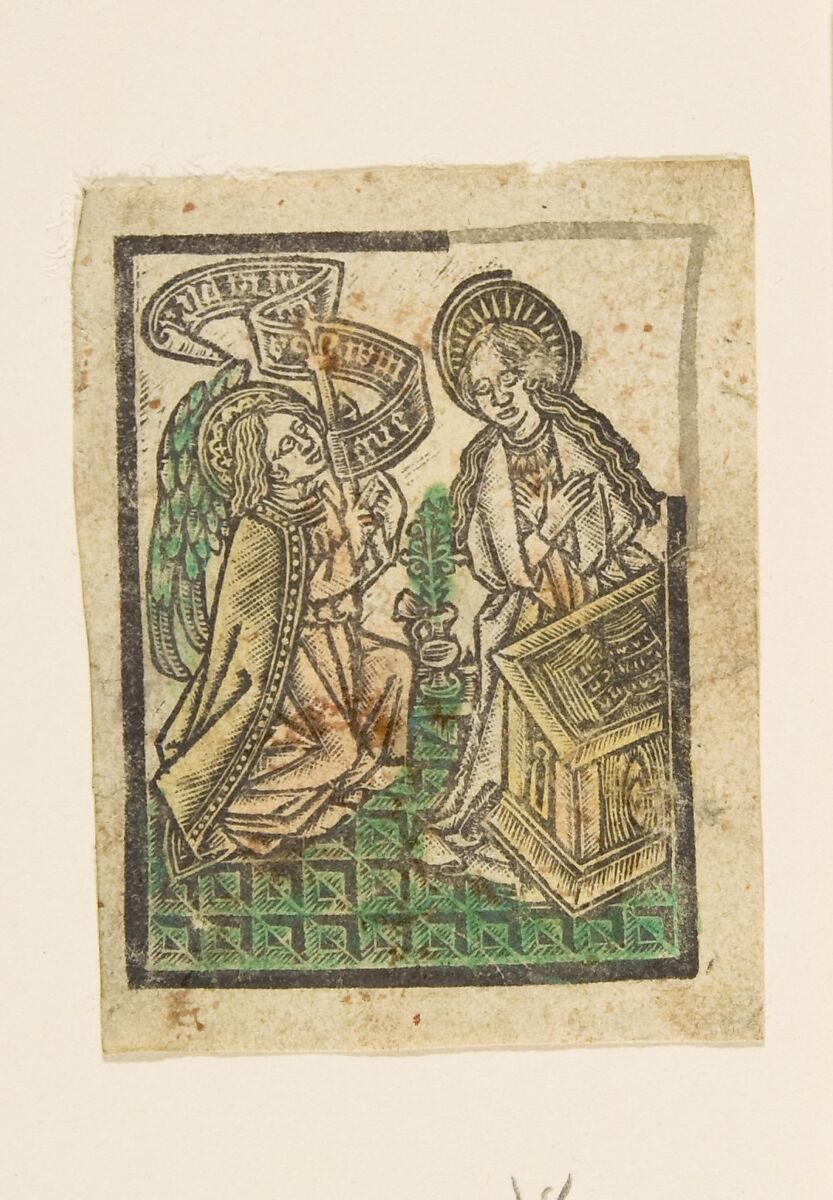 The Annunciation, Anonymous, German, Cologne, 15th century, Metalcut, hand-colored in green, yellow, and red 