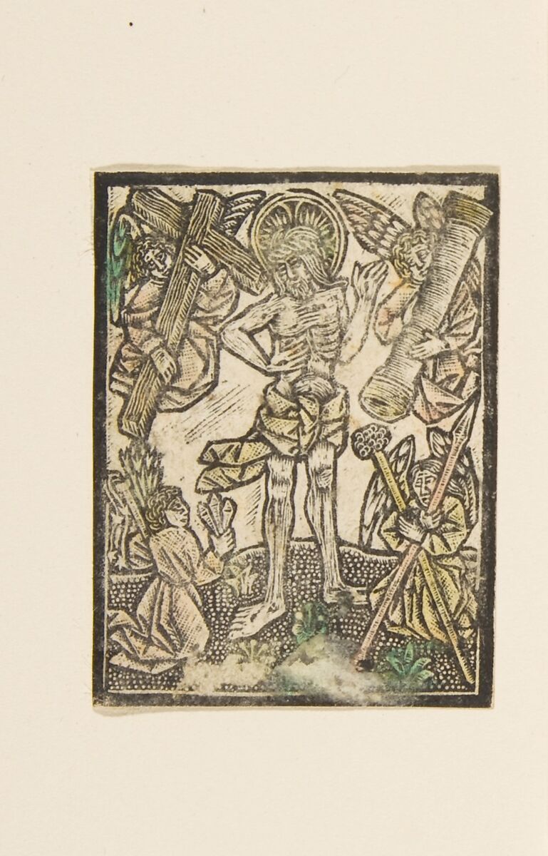 The Man of Sorrows with Angels, Anonymous, German, 15th century, Metalcut, hand-colored in green, yellow, and red 
