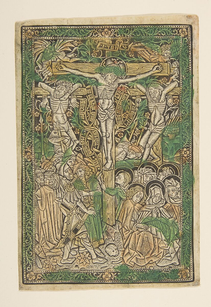 The Crucifixion, Anonymous, South Germany, 15th century, Metalcut, hand-colored in green and red 