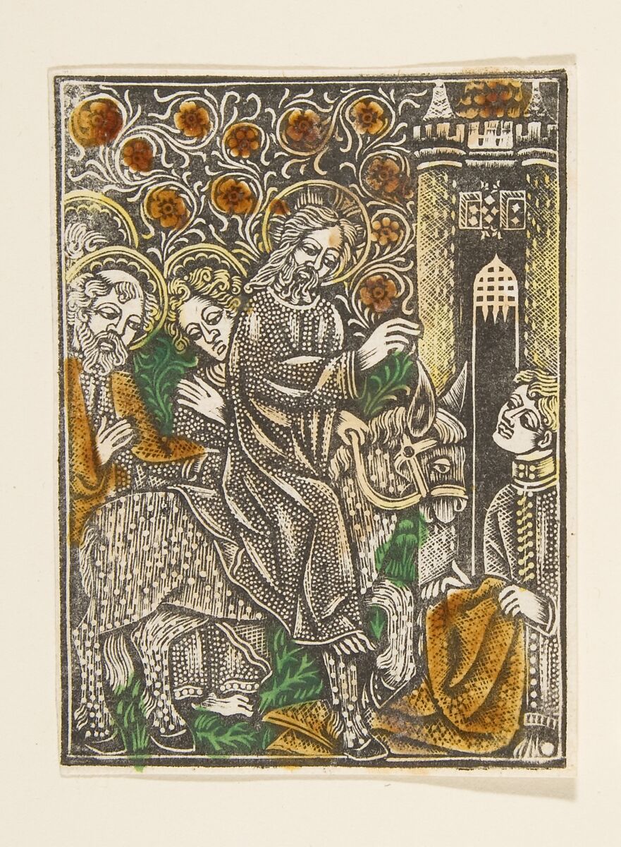 Christ's Entry into Jerusalem, Anonymous, German, 15th century, Metalcut, hand-colored in green, yellow and red 