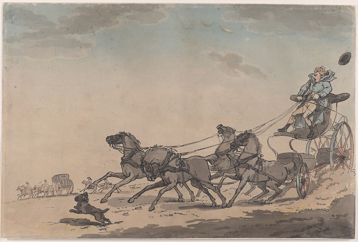 A Four-in-Hand, or The Runaway Carriage, Thomas Rowlandson (British, London 1757–1827 London), Hand-colored etching 