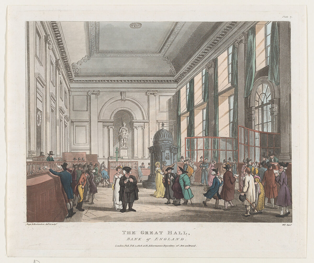 The Great Hall, Bank of England, Designed and etched by Thomas Rowlandson (British, London 1757–1827 London), Hand-colored etching and aquatint 