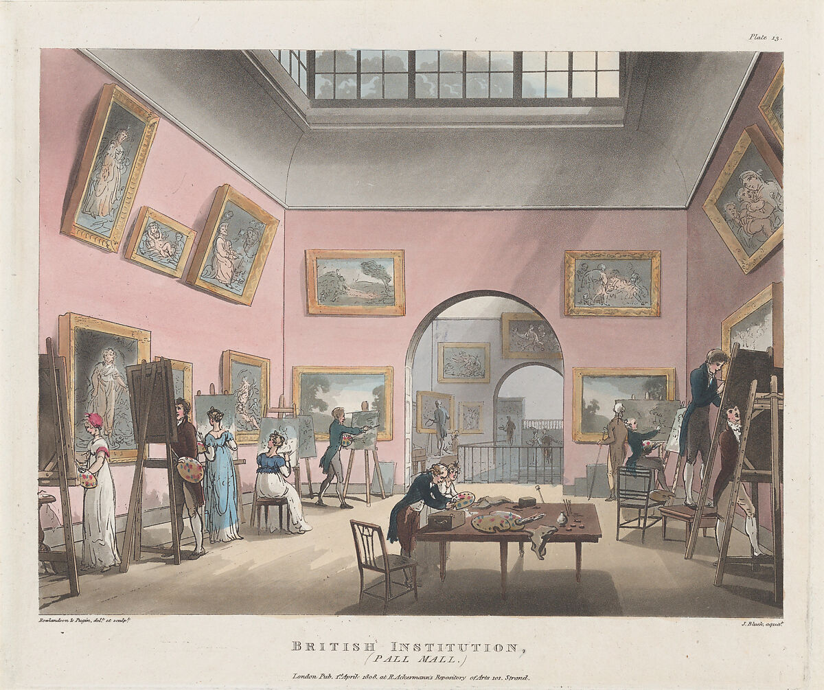 The British Institution, Pall Mall, Designed and etched by Thomas Rowlandson (British, London 1757–1827 London), Hand-colored etching and aquatint 