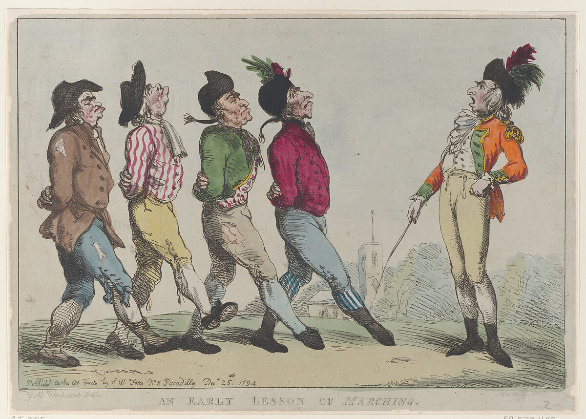 An Early Lesson of Marching, Thomas Rowlandson (British, London 1757–1827 London), Hand-colored etching