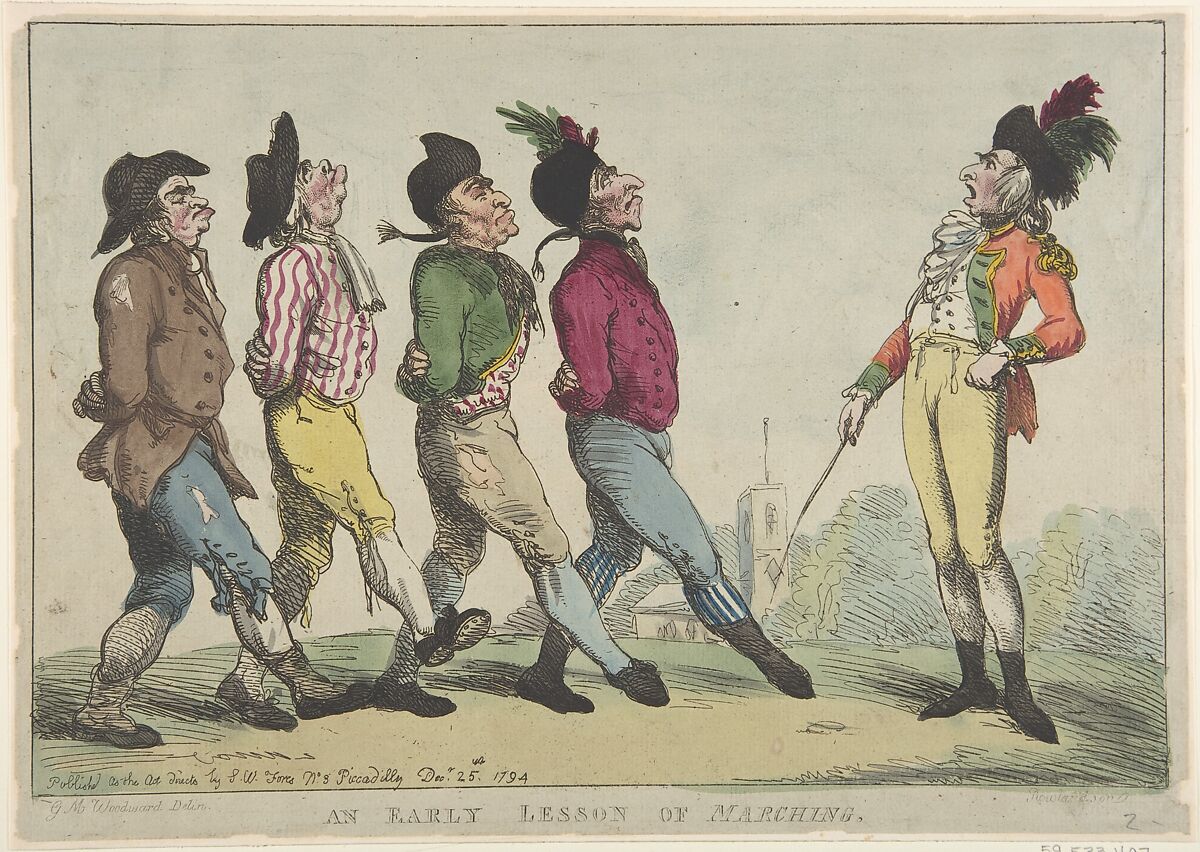 An Early Lesson of Marching, Thomas Rowlandson (British, London 1757–1827 London), Hand-colored etching 