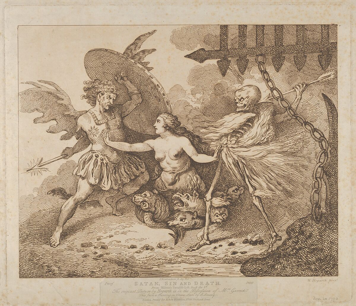 Satan, Sin and Death (Paradise Lost, Book the 2nd), Thomas Rowlandson (British, London 1757–1827 London), Etching, printed in brown ink 