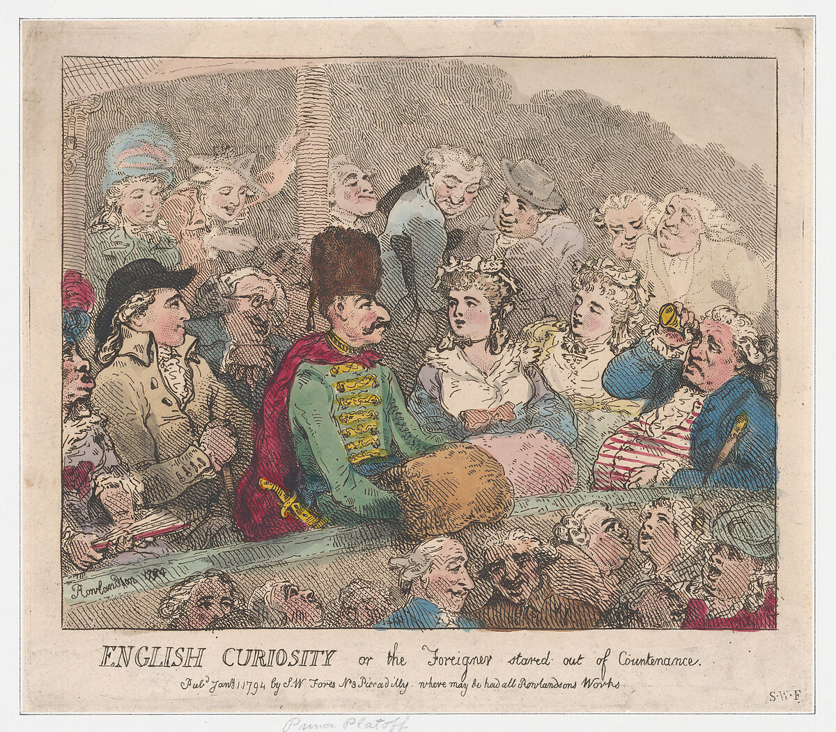 English Curiosity or The Foreigner Stared Out of Countenance, Thomas Rowlandson (British, London 1757–1827 London), Hand-colored etching 