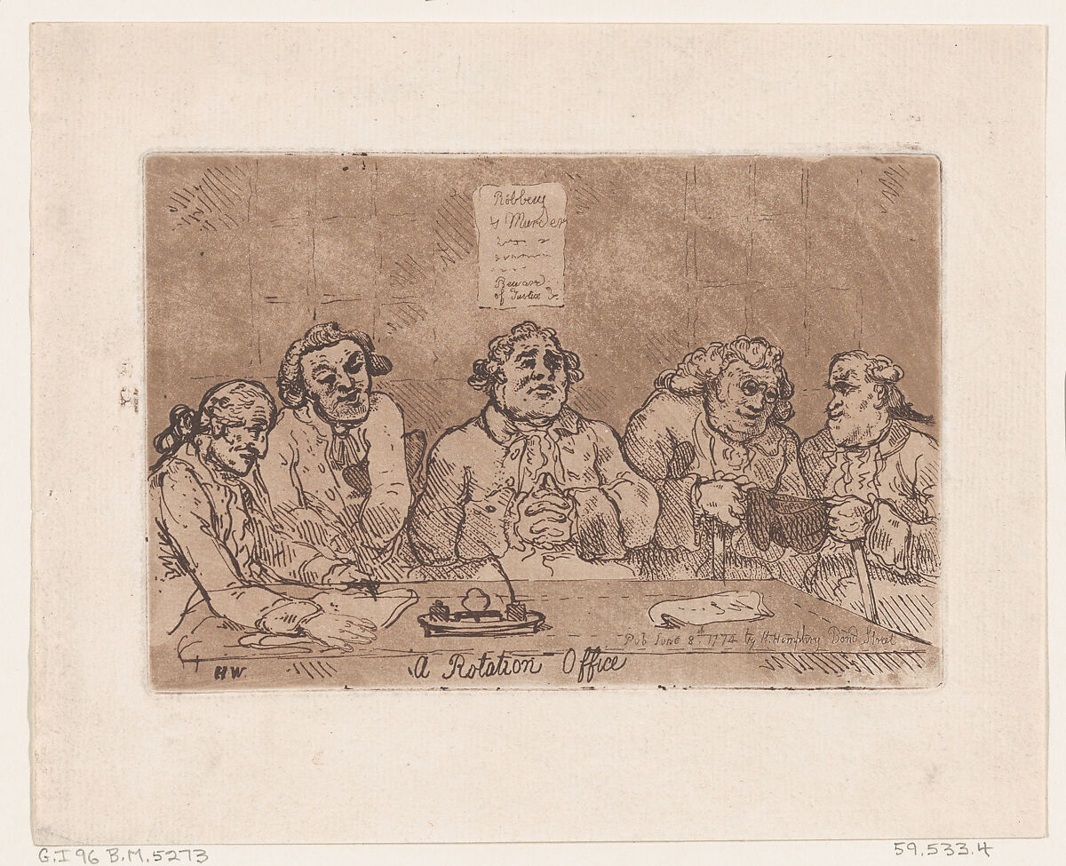 A Rotation Office, Thomas Rowlandson (British, London 1757–1827 London), Etching and aquatint; printed in brown ink 