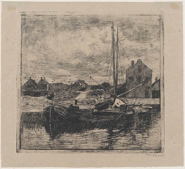 Barges Anchored by the Wharf, Willem de Zwart (Dutch, The Hague 1862–1931 The Hague), Etching and plate tone 