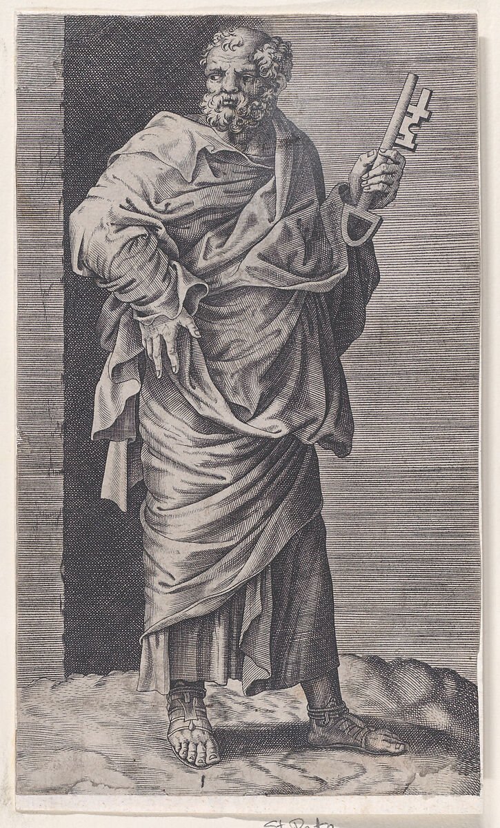 St. Peter, from "Christ and the Apostles", Attributed to Lambert Suavius (Netherlandish, ca. 1510–by 1576), Engraving; backed with a print by J. A. Fridrich 