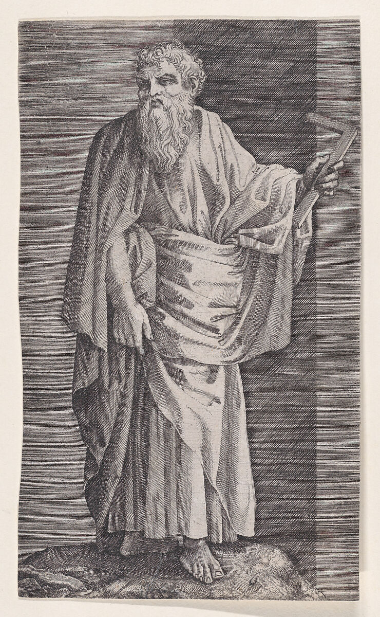 St. Matthew, from "Christ and the Apostles", Attributed to Lambert Suavius (Netherlandish, ca. 1510–by 1576), Engraving; backed with a print by J. A. Fridrich 