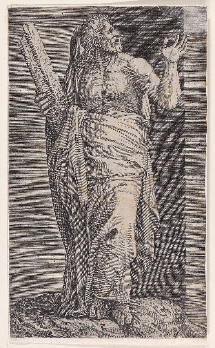 St. Andrew, from "Christ and the Apostles", Attributed to Lambert Suavius (Netherlandish, ca. 1510–by 1576), Engraving; backed with a print by J. A. Fridrich 