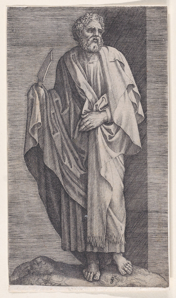 St. Bartholomew, from "Christ and the Apostles", Attributed to Lambert Suavius (Netherlandish, ca. 1510–by 1576), Engraving; backed with a print by J. A. Fridrich 