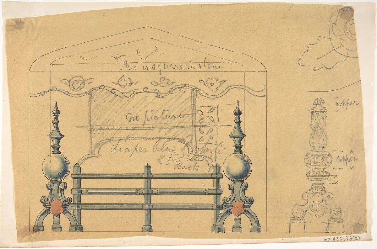 Design for Grate, Anonymous, British, 19th century, Pen and ink, watercolor and graphite on tracing paper 