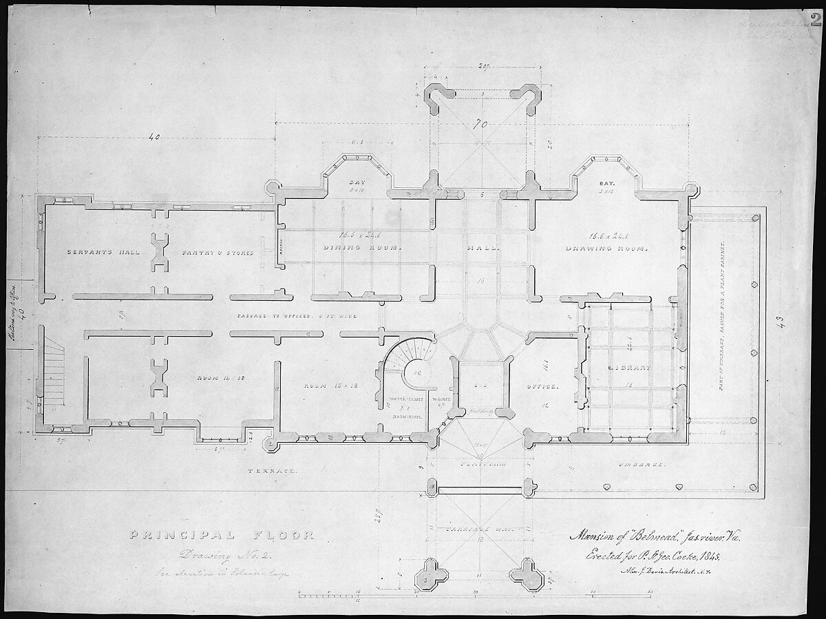 Belmead, Virginia, for Philip St. George Cocke (plan of principle floor), Alexander Jackson Davis (American, New York 1803–1892 West Orange, New Jersey), Pen and brown, yellow, purple, black and red ink over graphite 