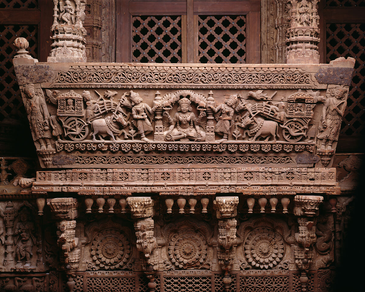 Architectural Ensemble from a Jain Meeting Hall, Teak with traces of color, India (Gujarat, Patan) 