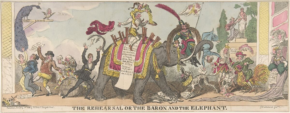 The Rehearsal or the Baron and the Elephant, George Cruikshank (British, London 1792–1878 London), Hand-colored etching 