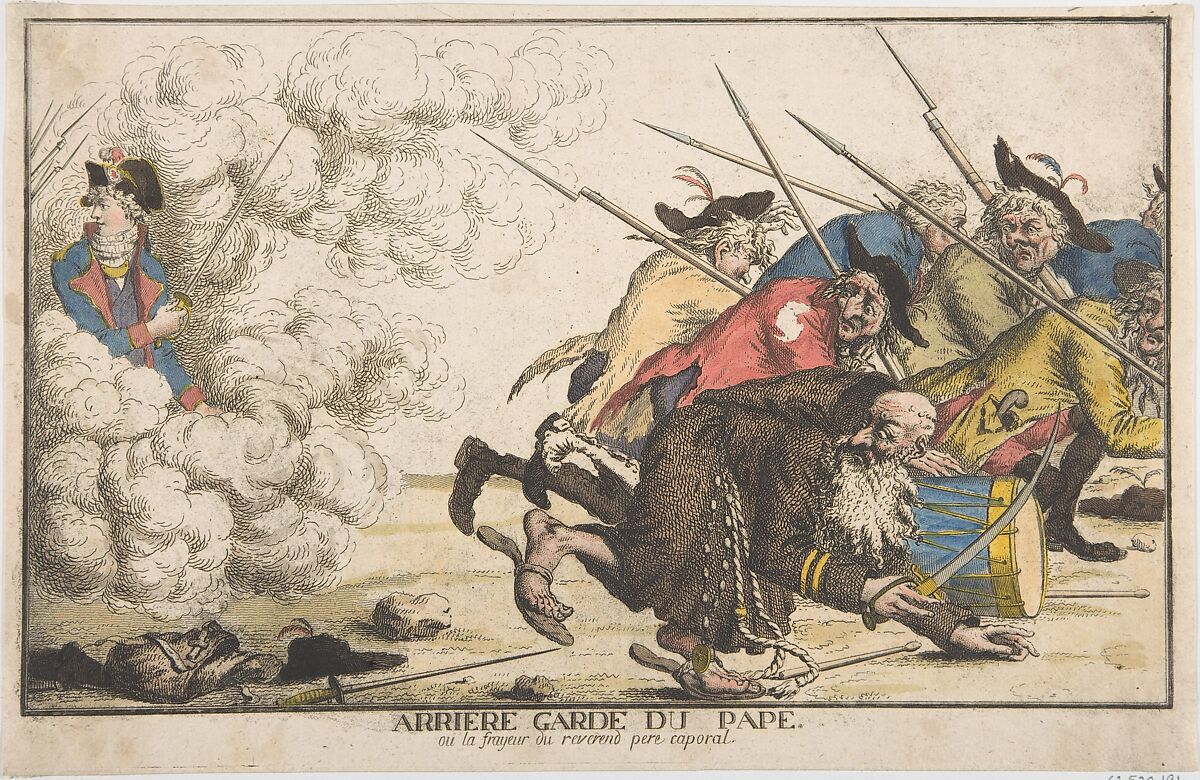 The Pope's Rear Guard or the Fright of the Reverend Father Corporal (Arrière garde du pape, ou la frayeur du reverend pere caporal), Anonymous, French, 18th century, Hand-colored etching 