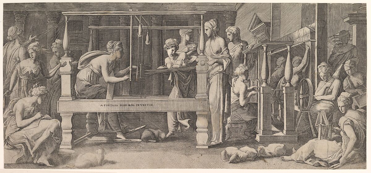 Penelope standing in the centre by a large weaving table amongst her women spinning and weaving, Master FG (Italian, active mid-16th century), Engraving 