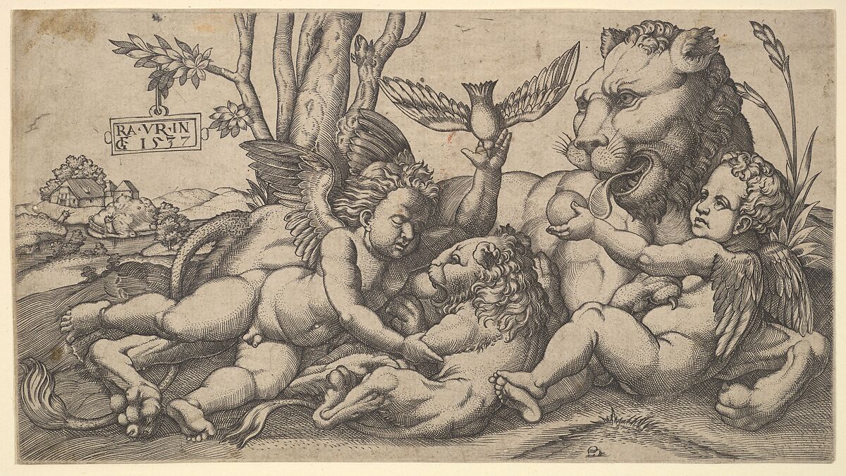 Putti and Lions, Master FG (Italian, active mid-16th century), Engraving 