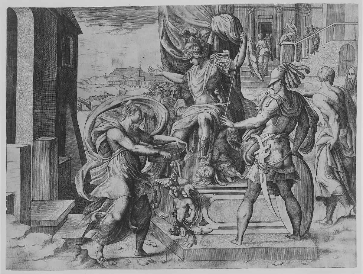 Rome emperor on a throne, vestal virgin Tuccia holding a sieve approaching from the left, Giulio Bonasone (Italian, active Rome and Bologna, 1531–after 1576), Engraving