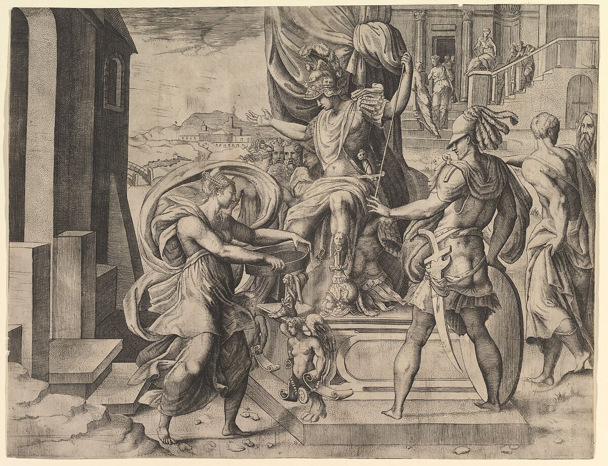 Rome emperor on a throne, vestal virgin Tuccia holding a sieve approaching from the left, Giulio Bonasone (Italian, active Rome and Bologna, 1531–after 1576), Engraving 