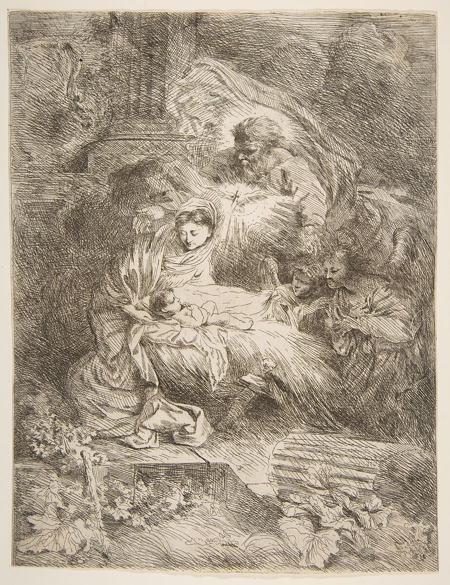 God the Father observing the Virgin and Child, angels to the right, Giovanni Benedetto Castiglione (Il Grechetto) (Italian, Genoa 1609–1664 Mantua), Etching 