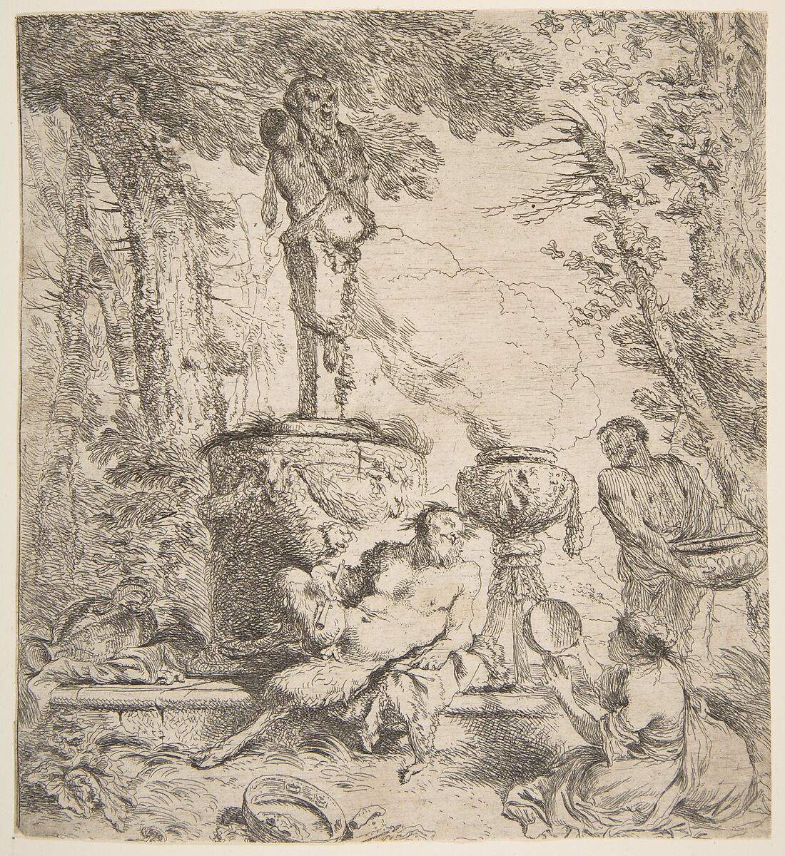 Bacchanal before an altar to the gods, Giovanni Benedetto Castiglione (Il Grechetto) (Italian, Genoa 1609–1664 Mantua), Etching, plate trimmed on all sides, state undetermined 
