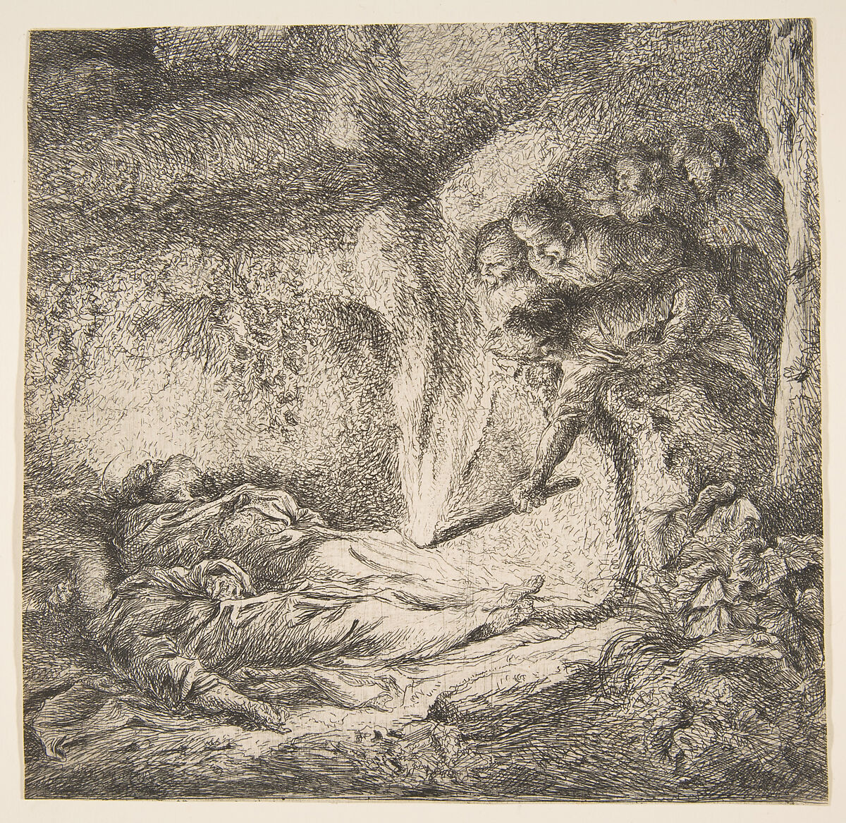Finding the bodies of Saints Peter and Paul (fragment), Giovanni Benedetto Castiglione (Il Grechetto) (Italian, Genoa 1609–1664 Mantua), Etching 
