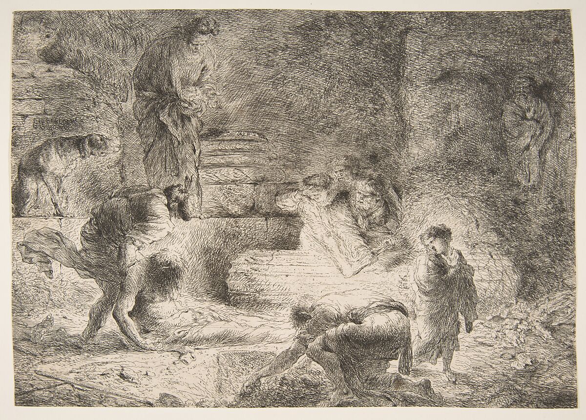 Tobit burying the Dead, Giovanni Benedetto Castiglione (Il Grechetto) (Italian, Genoa 1609–1664 Mantua), Etching 