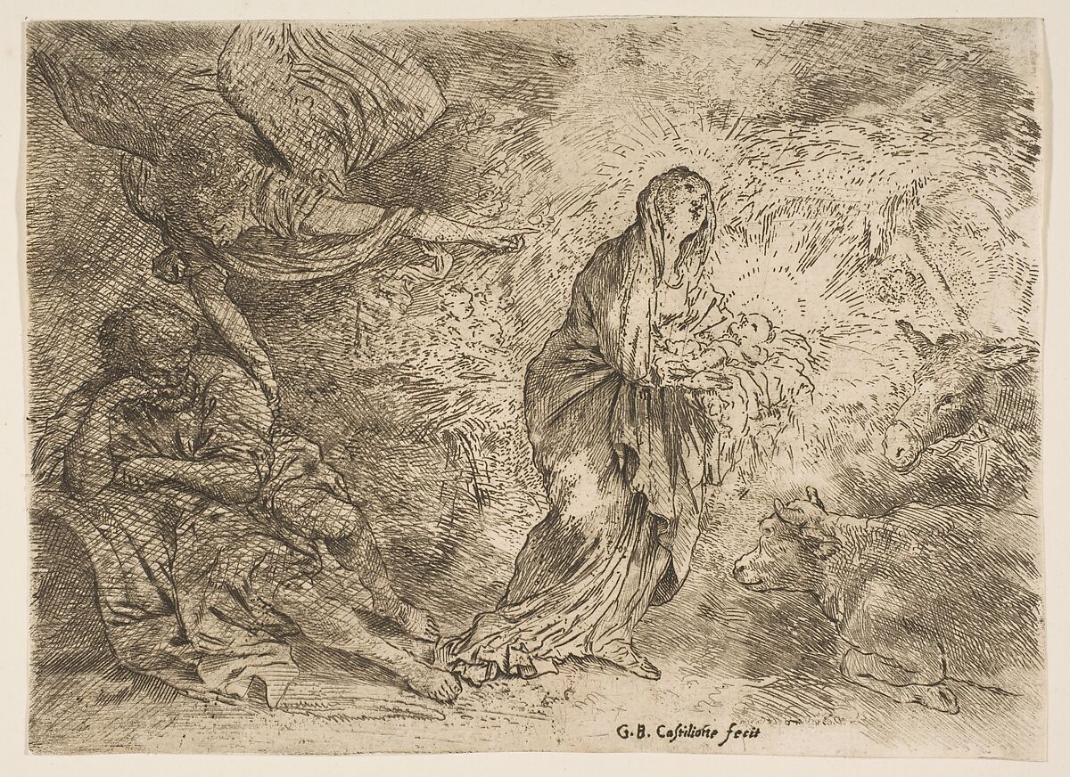 The angel awakening Joseph to the presence of the Virgin and Child, Giovanni Benedetto Castiglione (Il Grechetto) (Italian, Genoa 1609–1664 Mantua), Etching 