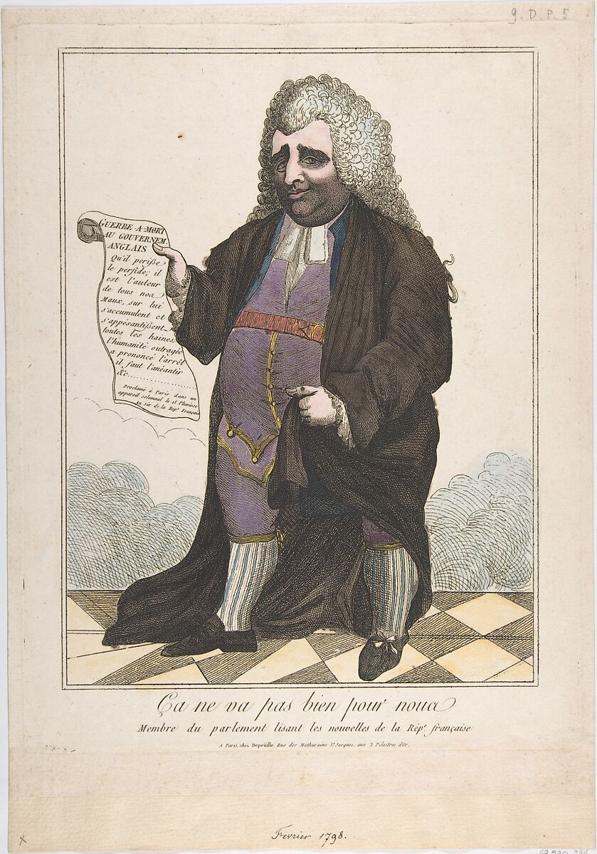 It is Not Going Well For Us: A Member of Parliament Reading the News of the French Republic (Ça ne va pas bien pour nous: Membre du parlement lisant les nouvelles de la Rep[ublique] française), Anonymous, French, 18th century, Hand-colored etching 